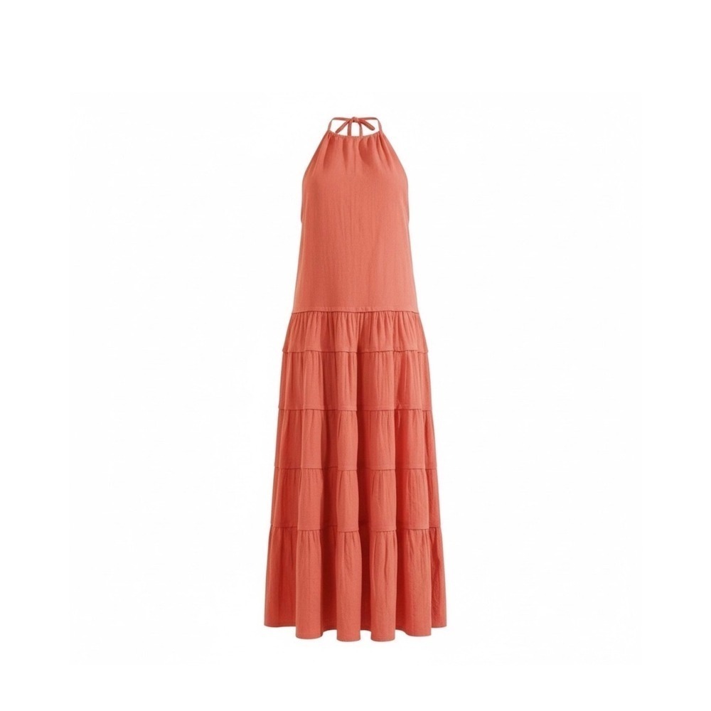 Free People Maxi Dress Women Large Coral Tiered Halter Open Back Cotton Boho